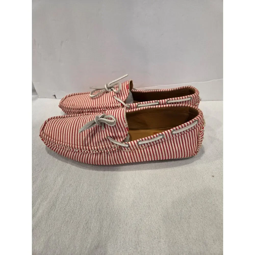 Bobbies Paris Men Striped Driving Loafers Canvas Boat Shoes Red White Tie Moc 10